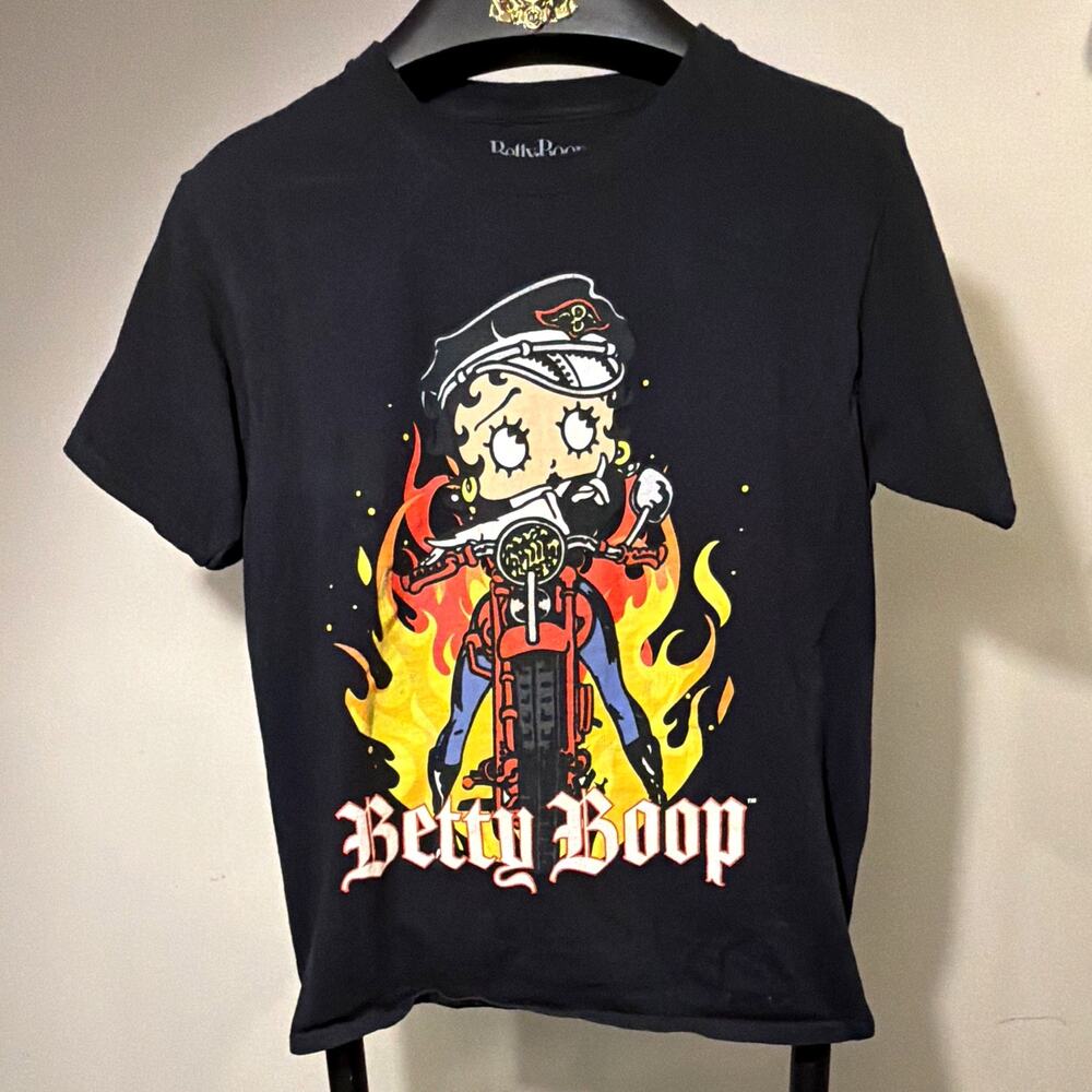 Betty Boop Black Graphic Print Motorcycle Crew Neck T-Shirt Size M